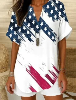 Women's Patriotic Blouse Ombre Graphic Flag Elegant Vintage Tropical Short Sleeve V Neck Notched Neck Regular Tops Daily Holiday White Red Navy Blue Blue Sky Blue