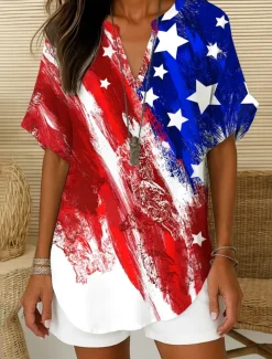 Women's Patriotic Blouse Ombre Graphic Flag Elegant Vintage Tropical Short Sleeve V Neck Notched Neck Regular Tops Daily Holiday White Red Navy Blue Blue Sky Blue