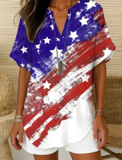Women's Patriotic Blouse Ombre Graphic Flag Elegant Vintage Tropical Short Sleeve V Neck Notched Neck Regular Tops Daily Holiday White Red Navy Blue Blue Sky Blue