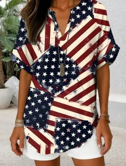 Women's Patriotic Blouse Graphic Flag Vintage Daily Stylish Short Sleeve V Neck Regular Tops Daily Holiday Denim Blue Red Blue Dusty Blue Summer Spring