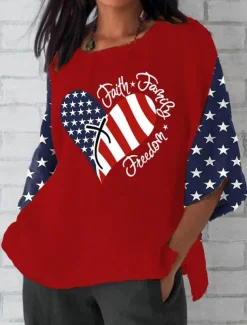 Women's Patriotic Blouse Graphic Flag Bohemia Vintage Tropical 3/4 Length Sleeve Crew Neck Regular Tops Daily Holiday Vacation Wear Print Black Red Gray Summer Spring