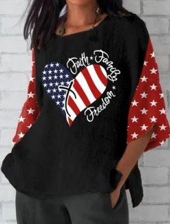 Women's Patriotic Blouse Graphic Flag Bohemia Vintage Tropical 3/4 Length Sleeve Crew Neck Regular Tops Daily Holiday Vacation Wear Print Black Red Gray Summer Spring
