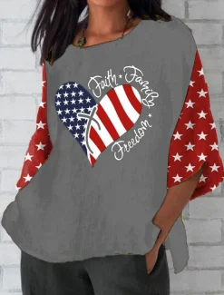 Women's Patriotic Blouse Graphic Flag Bohemia Vintage Tropical 3/4 Length Sleeve Crew Neck Regular Tops Daily Holiday Vacation Wear Print Black Red Gray Summer Spring