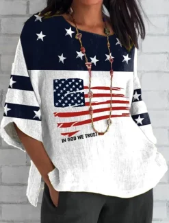 Women's Patriotic Blouse Graphic Flag Bohemia Vintage Tropical 3/4 Length Sleeve Crew Neck Regular Tops Daily Holiday Vacation Wear Print Red Blue Gray Summer Spring