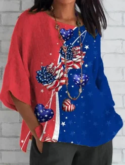 Women's Patriotic Blouse Graphic Flag Bohemia Vintage Tropical 3/4 Length Sleeve Crew Neck Regular Tops Daily Holiday Vacation Wear Print Red Blue Gray Summer Spring
