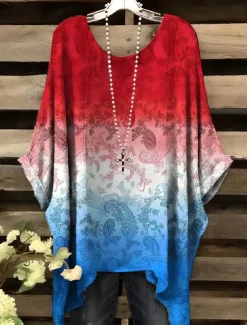 Women's Patriotic Blouse Graphic Flag Elegant Vintage Daily Short Sleeve Batwing Sleeve Crew Neck Daily Holiday Vacation Wear Denim Blue Red Royal Blue Blue Green