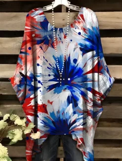 Women's Patriotic Blouse Graphic Flag Elegant Vintage Daily Short Sleeve Batwing Sleeve Crew Neck Daily Holiday Vacation Wear Denim Blue Red Royal Blue Blue Green