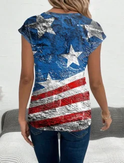 Women's Patriotic Camisole Tank Top American Flag Casual Short Sleeve V Neck Regular Tops Daily Blue Summer