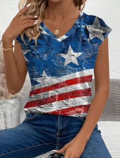 Women's Patriotic Camisole Tank Top American Flag Casual Short Sleeve V Neck Regular Tops Daily Blue Summer