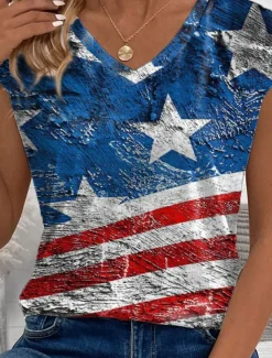 Women's Patriotic Camisole Tank Top American Flag Casual Short Sleeve V Neck Regular Tops Daily Blue Summer