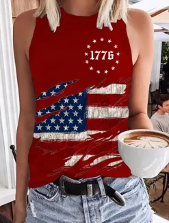 Women's Patriotic Camisole Tank Top Graphic Flag Daily Stylish Casual Sleeveless Crew Neck Regular Tops Daily Holiday White Red Blue Summer Spring