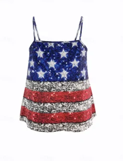 Women's Patriotic Camisole Tank Top Graphic Flag Daily Sleeveless Strap Regular Tops Daily Backless Print Red Summer