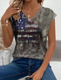 Women's Patriotic Camisole Tank Top Graphic Flag Stylish Casual Sleeveless V Neck Regular Tops Daily Print Gray Summer