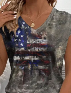 Women's Patriotic Camisole Tank Top Graphic Flag Stylish Casual Sleeveless V Neck Regular Tops Daily Print Gray Summer