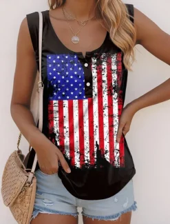 Women's Patriotic Camisole Tank Top Graphic Flag Casual Sleeveless Sleeveless U Neck Regular Tops Daily Buttons Print Black Summer