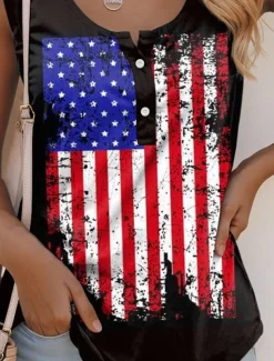 Women's Patriotic Camisole Tank Top Graphic Flag Casual Sleeveless Sleeveless U Neck Regular Tops Daily Buttons Print Black Summer