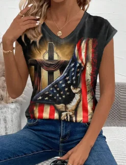Women's Patriotic Camisole Tank Top Graphic Flag Stylish Casual Sleeveless V Neck Regular Tops Daily Print Black Summer