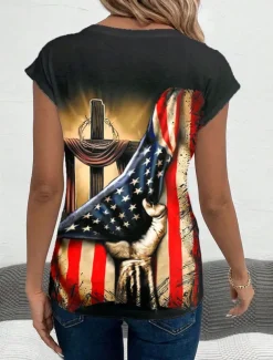 Women's Patriotic Camisole Tank Top Graphic Flag Stylish Casual Sleeveless V Neck Regular Tops Daily Print Black Summer