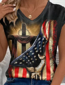 Women's Patriotic Camisole Tank Top Graphic Flag Stylish Casual Sleeveless V Neck Regular Tops Daily Print Black Summer