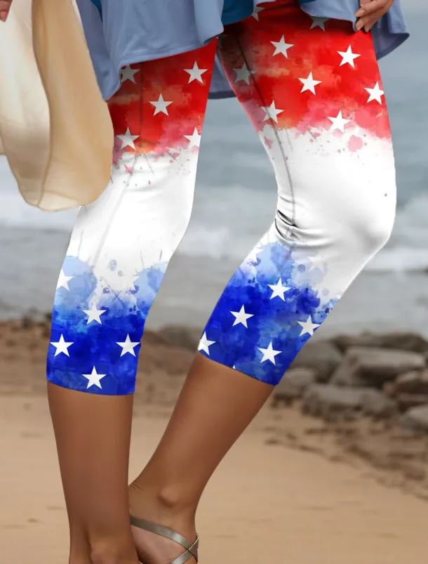Women's Patriotic Capri Pants Leggings Vintage Fashion Casual Calf-Length High Waist Pants Graphic American Flag Printing Breathable Soft Stretchy Vacation