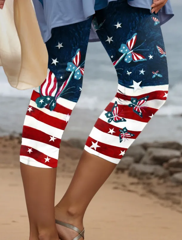 Women's Patriotic Capri Pants Leggings Vintage Fashion Casual Calf-Length High Waist Pants Graphic American Flag Printing Breathable Soft Stretchy Vacation