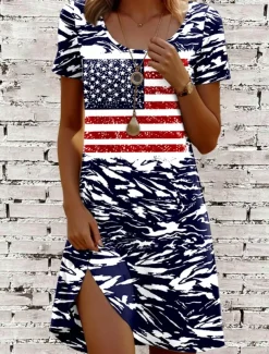 Women's Patriotic Dress Mini Dress Casual Dress T Shirt Dress A Line Dress Stylish Casual Regular Fit Graphic Flag Red White And Blue Short Sleeve Crew Neck Navy Blue
