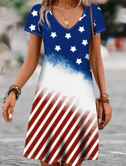 Women's Patriotic Dress Mini Dress Casual Dress Stylish Casual Daily Regular Fit Flag Red White And Blue Short Sleeve Crew Neck Blue Summer