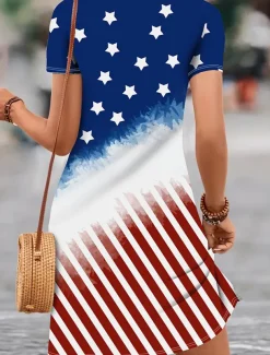 Women's Patriotic Dress Mini Dress Casual Dress Stylish Casual Daily Regular Fit Flag Red White And Blue Short Sleeve Crew Neck Blue Summer