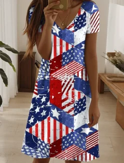 Women's Patriotic Dress Mini Dress Casual Dress Stylish Casual Daily Regular Fit Flag Red White And Blue Short Sleeve Crew Neck Blue Summer