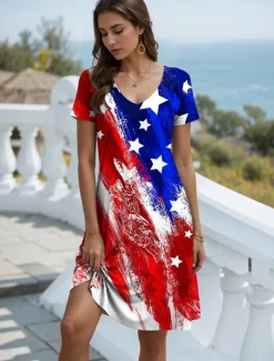 Women's Patriotic Dress Mini Dress Casual Dress Petite Dress T Shirt Dress Casual Vacation Birthday Casual Loose Fit Flag Red White And Blue Short Sleeve V Neck