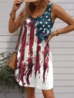 Women's Patriotic Dress Mini Dress Petite Dress Sundress Tank Dress Summer Dress Casual Vacation Holiday Beach Regular Fit Flag Sleeveless Crew Neck White
