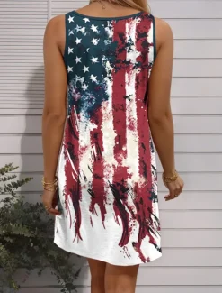 Women's Patriotic Dress Mini Dress Petite Dress Sundress Tank Dress Summer Dress Casual Vacation Holiday Beach Regular Fit Flag Sleeveless Crew Neck White