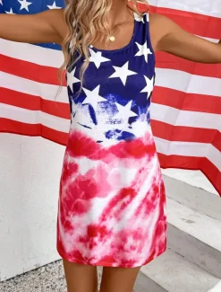 Women's Patriotic Dress Mini Dress Petite Dress A Line Dress Off The Shoulder Dress Vacation Casual Daily Loose Fit Graphic National Flag Sleeveless U Neck Red Summer