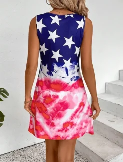 Women's Patriotic Dress Mini Dress Petite Dress A Line Dress Off The Shoulder Dress Vacation Casual Daily Loose Fit Graphic National Flag Sleeveless U Neck Red Summer