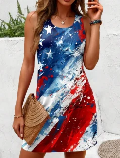 Women's Patriotic Dress Mini Dress Sundress A Line Dress Off The Shoulder Dress Vacation Casual Boho Party Regular Fit Graphic Flag Abstract Sleeveless U Neck Blue