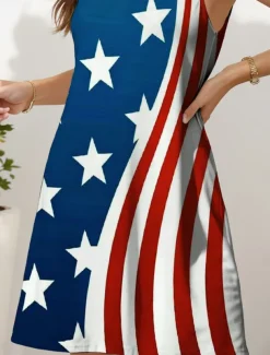 Women's Patriotic Dress Sundress A Line Dress Off The Shoulder Dress Vacation Casual Boho Party Blue