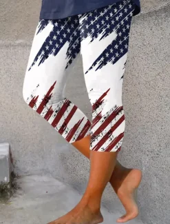 Women's Patriotic Leggings Beach Shorts Vacation Vintage Fashion Calf-Length High Waist Pants Graphic Flag American Flag Printing Stretchy Formal Vacation Street