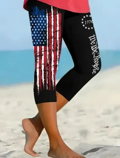 Women's Patriotic Leggings Capri Pants High Elasticity Ankle-Length Mid WaistPantsAmerican Flag American Flag National Flag Printing Thermal Warm Breathable Soft