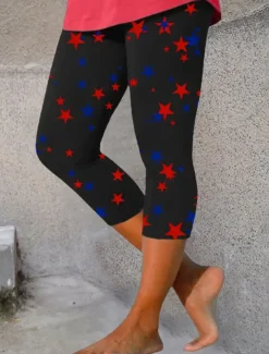 Women's Patriotic Leggings Beach Shorts Vacation Vintage Fashion Calf-Length High Waist Pants Graphic Star Printing Stretchy Formal Vacation Street
