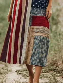 Women's Patriotic Maxi Dress A Line Dress Dress Off The Shoulder Dress Vacation Casual Party Street Regular Fit Graphic Flag Sleeveless Square Neck Scoop Neck Red Blue