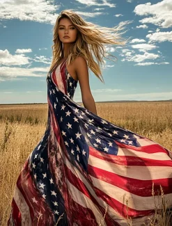 Women's Patriotic Maxi Dress A Line Dress Slip Dress Vacation Casual Boho Beach Form Fit Graphic Flag Vintage Sleeveless V Neck Navy Blue Summer Spring