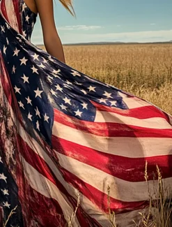 Women's Patriotic Maxi Dress A Line Dress Slip Dress Vacation Casual Boho Beach Form Fit Graphic Flag Vintage Sleeveless V Neck Navy Blue Summer Spring