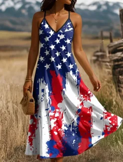Women's Patriotic Maxi Dress A Line Dress Slip Dress Vacation Casual Daily Holiday Regular Fit Graphic American Flag Sleeveless V Neck Spaghetti Strap