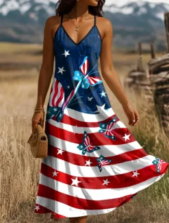 Women's Patriotic Maxi Dress A Line Dress Slip Dress Vacation Casual Daily Holiday Regular Fit Graphic American Flag Sleeveless V Neck Spaghetti Strap