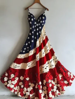 Women's Patriotic Maxi Dress Sundress A Line Dress Slip Dress Vacation Casual Going out Beach Regular Fit Graphic National Flag Sleeveless V Neck Red Summer Spring