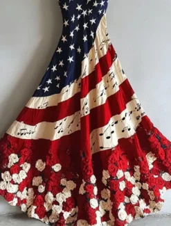 Women's Patriotic Maxi Dress Sundress A Line Dress Slip Dress Vacation Casual Going out Beach Regular Fit Graphic National Flag Sleeveless V Neck Red Summer Spring