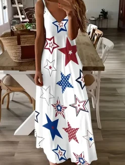 Women's Patriotic Maxi Dress A Line Dress Slip Dress Vacation Casual Daily Holiday Graphic American Flag Sleeveless V Neck Spaghetti Strap White Red Sky Blue