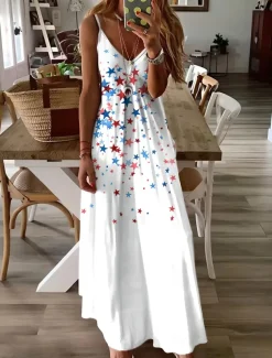 Women's Patriotic Maxi Dress A Line Dress Slip Dress Vacation Casual Daily Holiday Graphic American Flag Sleeveless V Neck Spaghetti Strap White Red Sky Blue