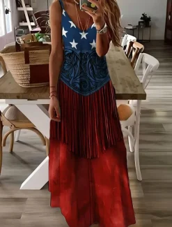 Women's Patriotic Maxi Dress A Line Dress Slip Dress Vacation Casual Daily Holiday Graphic American Flag Sleeveless V Neck Spaghetti Strap White Red Sky Blue