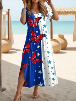 Women's Patriotic Maxi Dress T Shirt Dress Tee Dress Sundress Casual Butterfly Sleeve Beach Regular Fit Graphic Stars and Stripes Short Sleeve Crewneck Red Blue